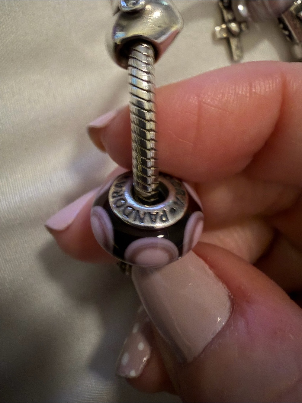 Pandora Sterling Silver Bracelet with Pink and Mauve Murano Glass and Charms - Picture 2 of 11